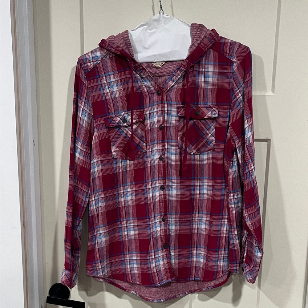Boston Traders Red Plaid Button-Down Hooded Shirt